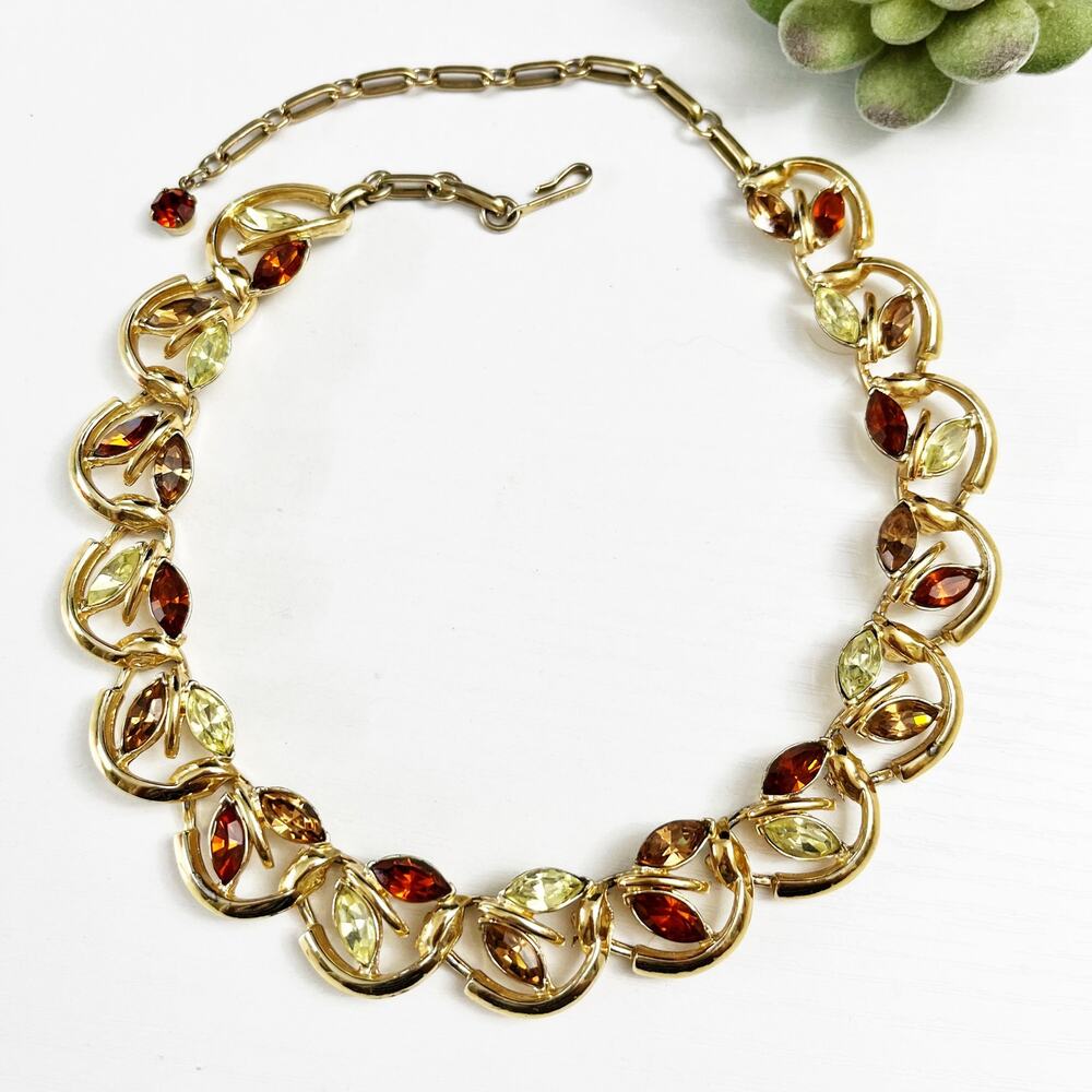 Coro Mid-Century Vintage Rhinestone Leaf Collar Necklace